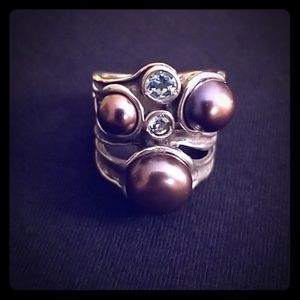 925 Sterling Genuine Tahitian Pearl &Topaz Ring